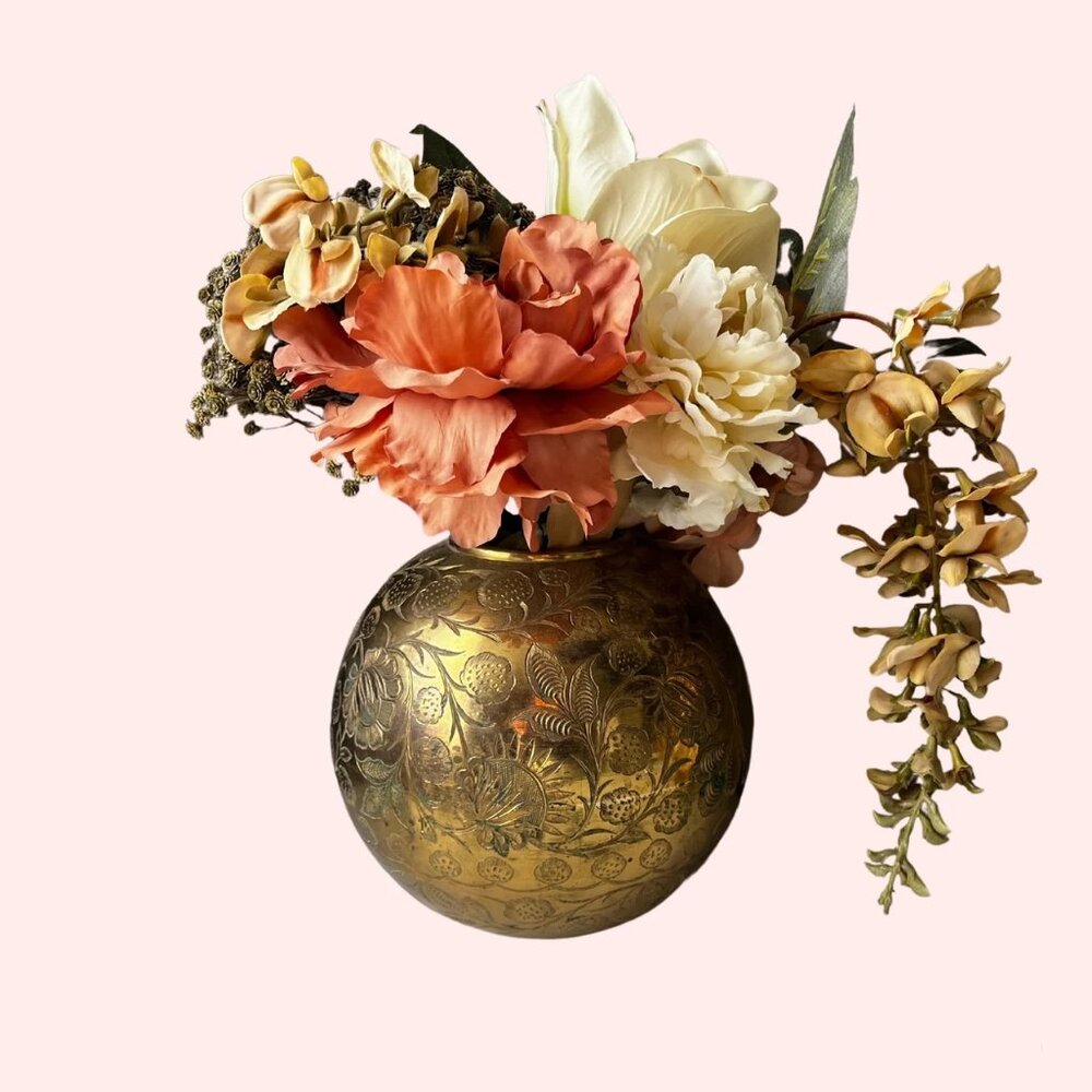 Vintage Brass Floral Vase with Flowers